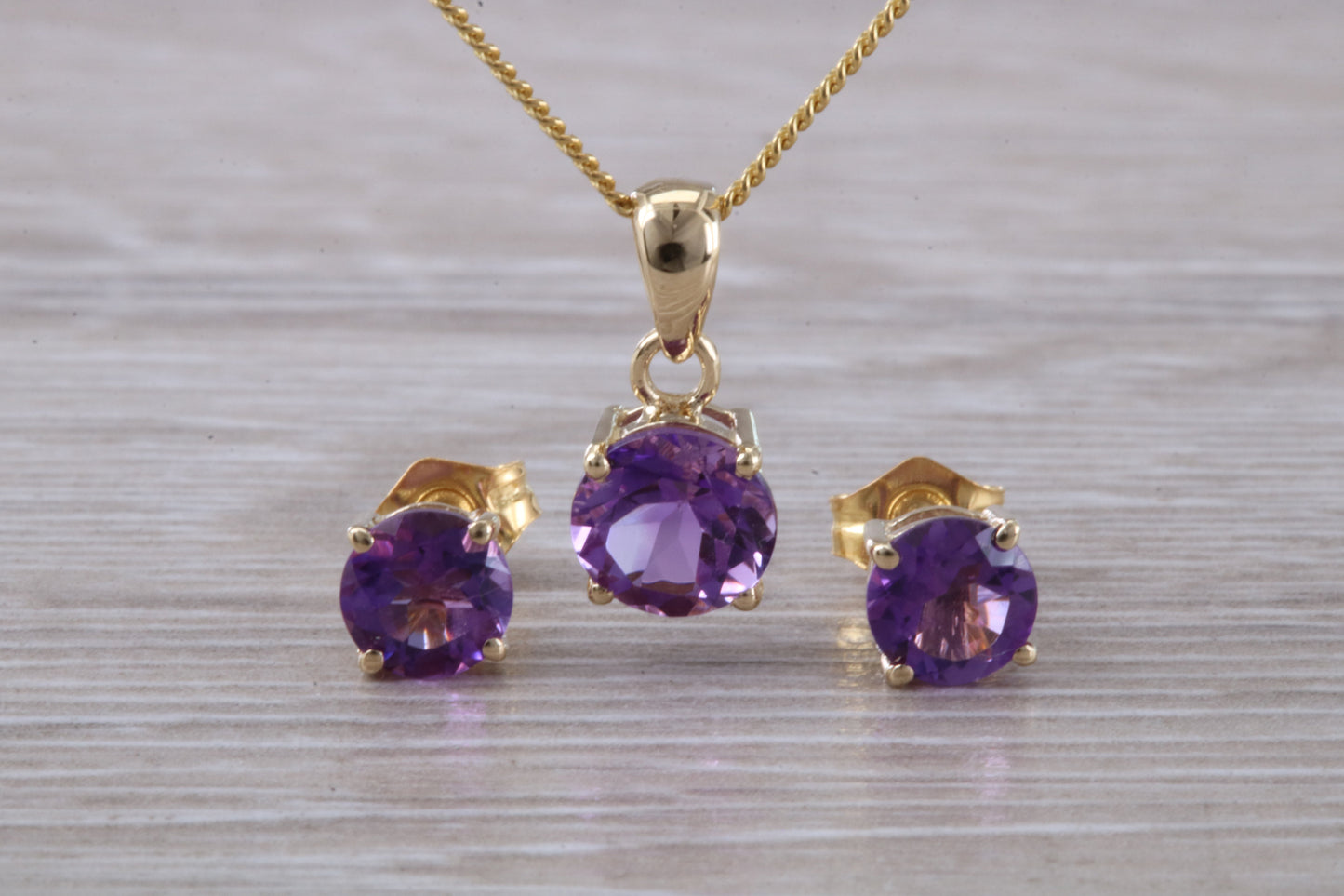 Real Amethyst Earrings and Necklace Set, Solid 9ct Yellow Gold
