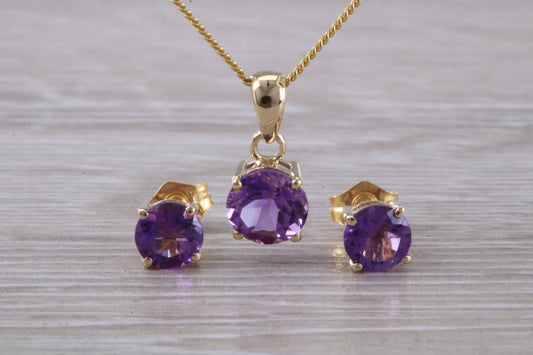 Real Amethyst Earrings and Necklace Set, Solid 9ct Yellow Gold