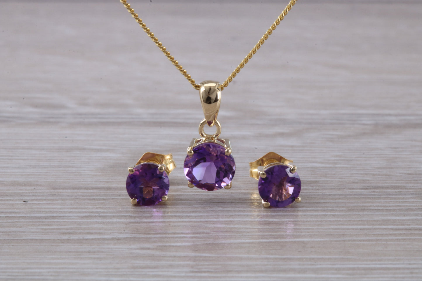 Real Amethyst Earrings and Necklace Set, Solid 9ct Yellow Gold