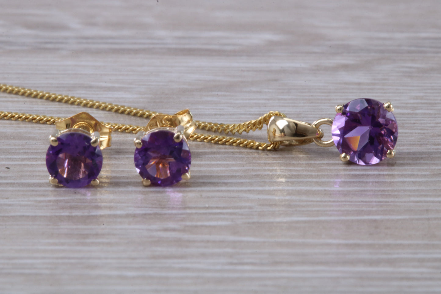 Real Amethyst Earrings and Necklace Set, Solid 9ct Yellow Gold