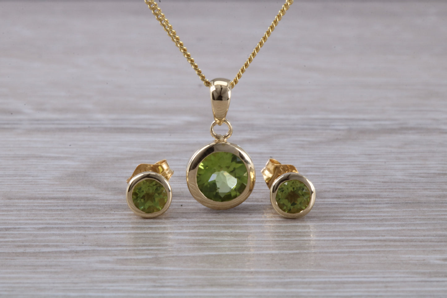 Real Peridot Earrings and Necklace Set, Solid 9ct Yellow Gold