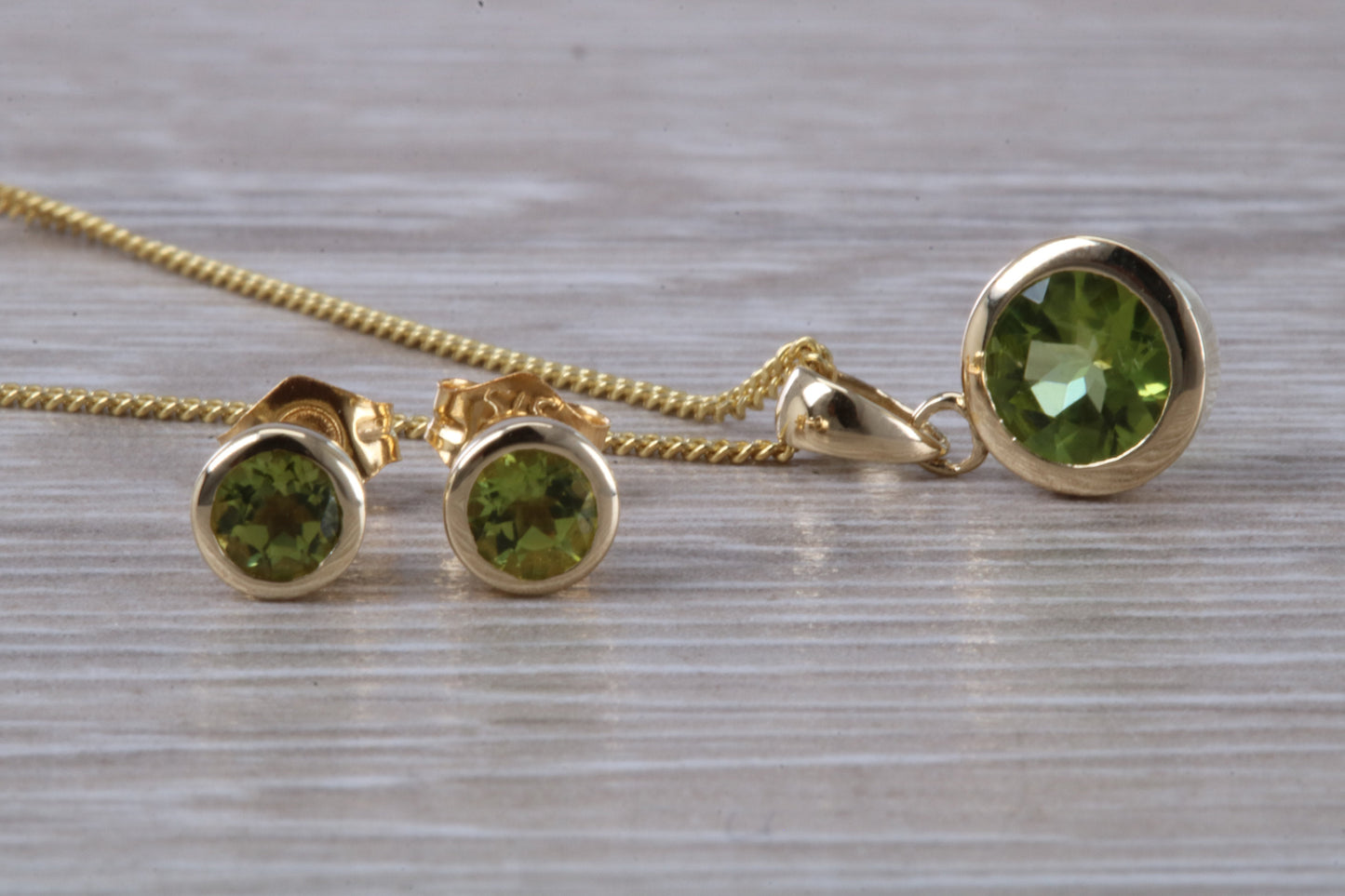 Real Peridot Earrings and Necklace Set, Solid 9ct Yellow Gold