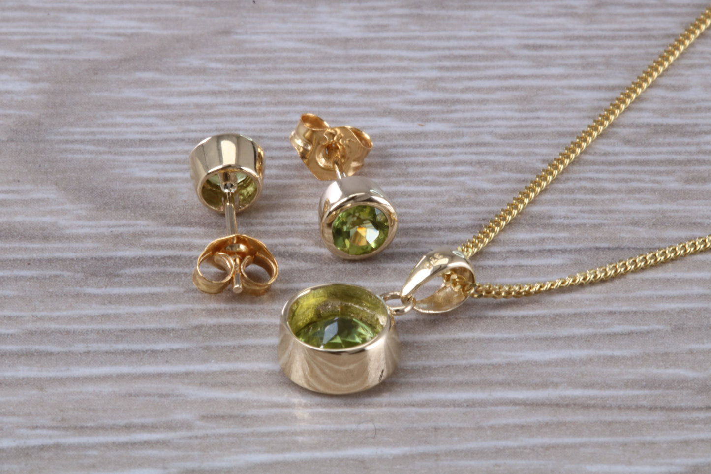 Real Peridot Earrings and Necklace Set, Solid 9ct Yellow Gold