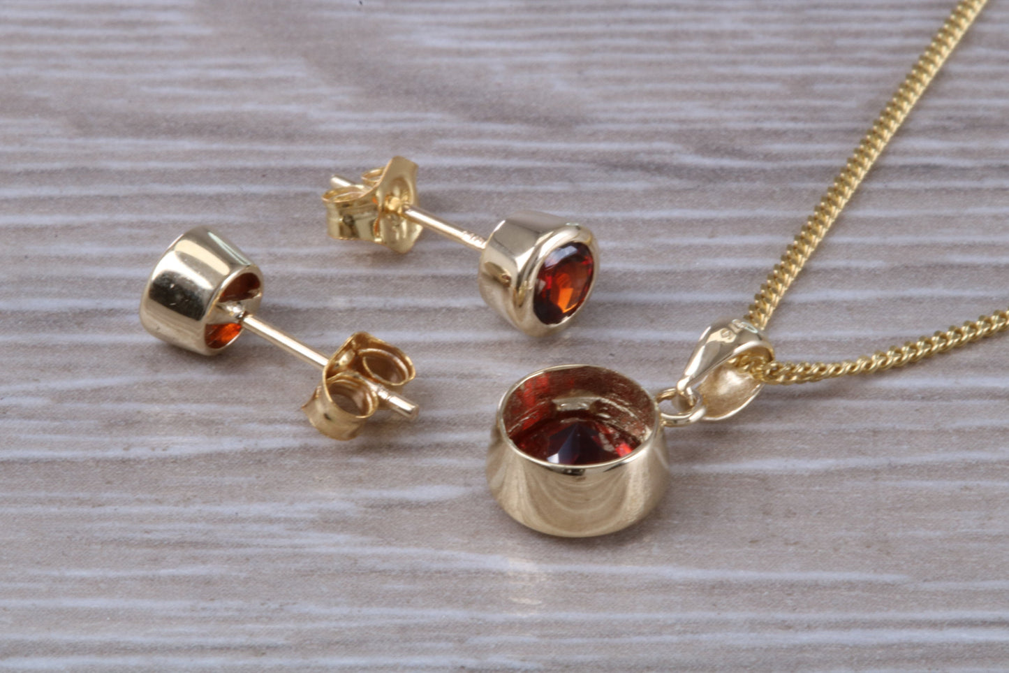Real Garnet Earrings and Necklace Set, Solid 9ct Yellow Gold
