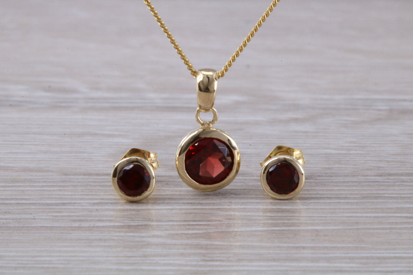 Real Garnet Earrings and Necklace Set, Solid 9ct Yellow Gold