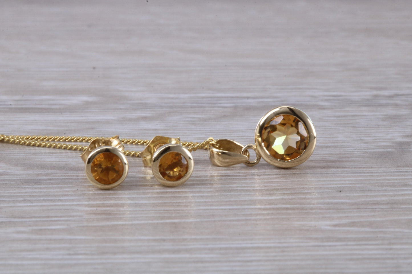 Real Citrine Earrings and Necklace Set, Solid 9ct Yellow Gold