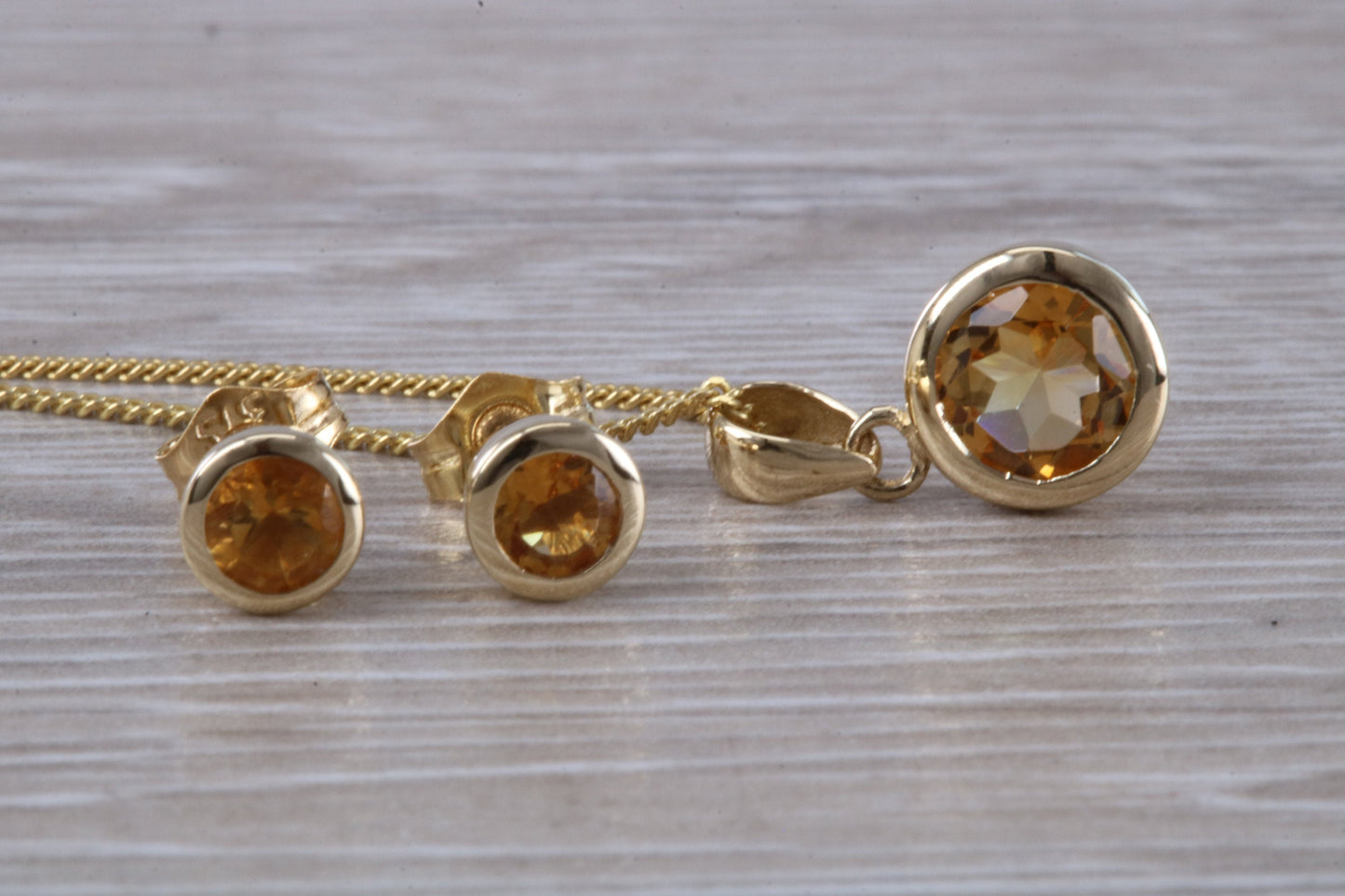 Real Citrine Earrings and Necklace Set, Solid 9ct Yellow Gold