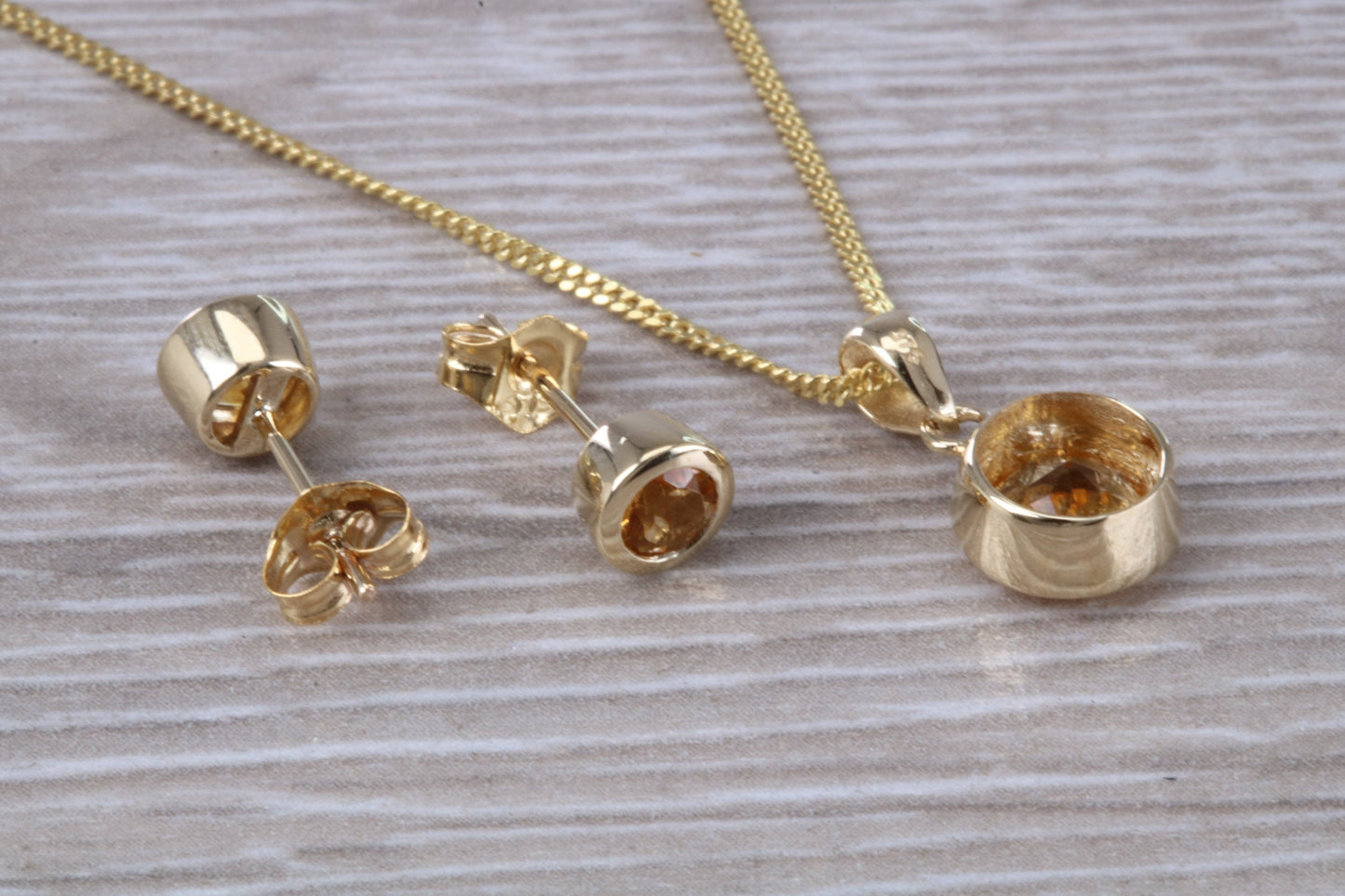 Real Citrine Earrings and Necklace Set, Solid 9ct Yellow Gold