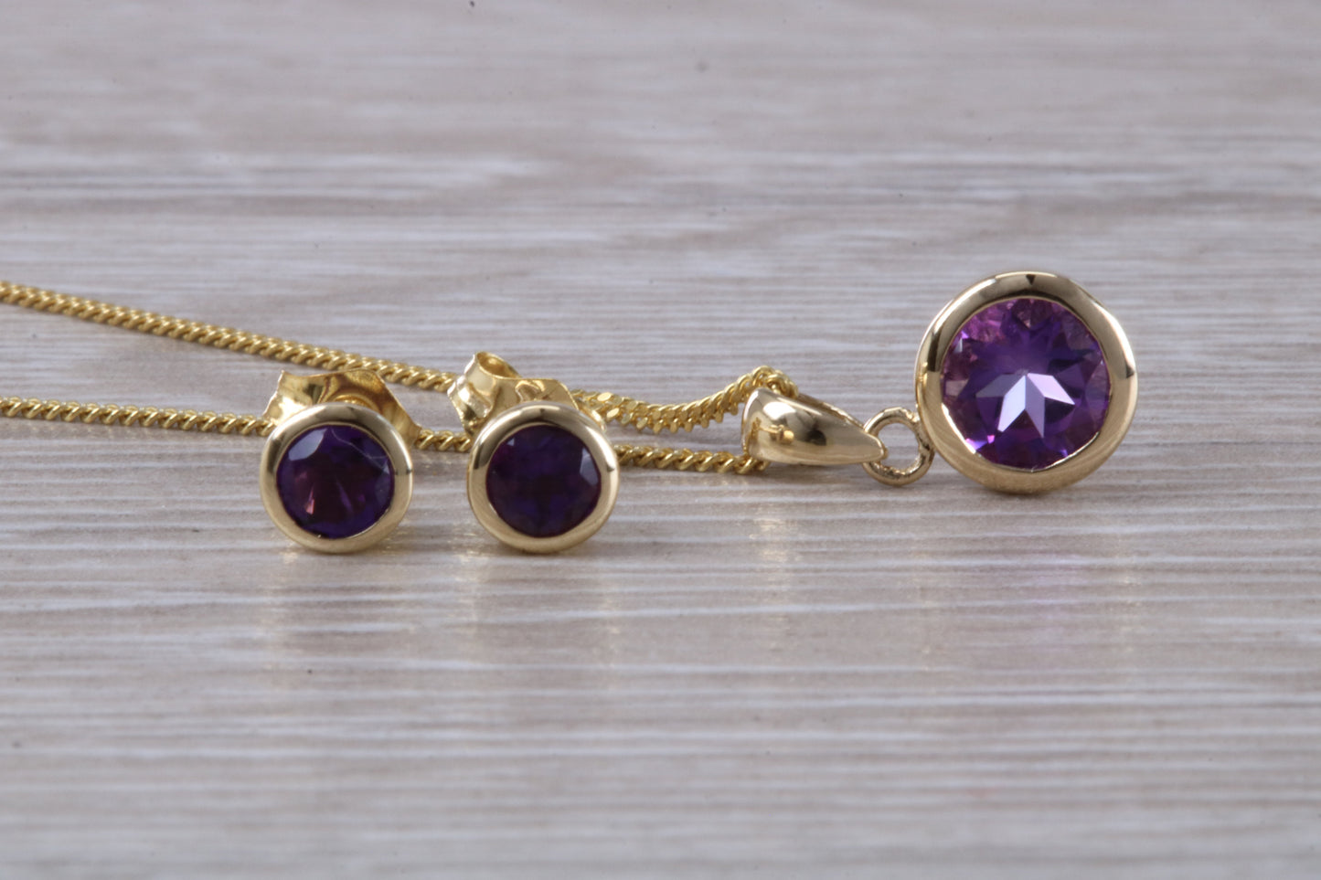 Real Amethyst Earrings and Necklace Set, Solid 9ct Yellow Gold