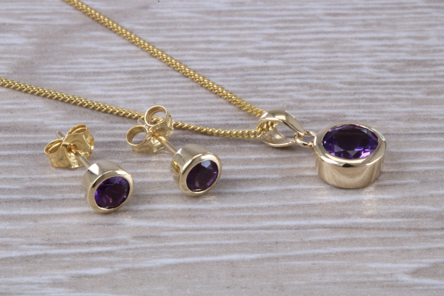 Real Amethyst Earrings and Necklace Set, Solid 9ct Yellow Gold