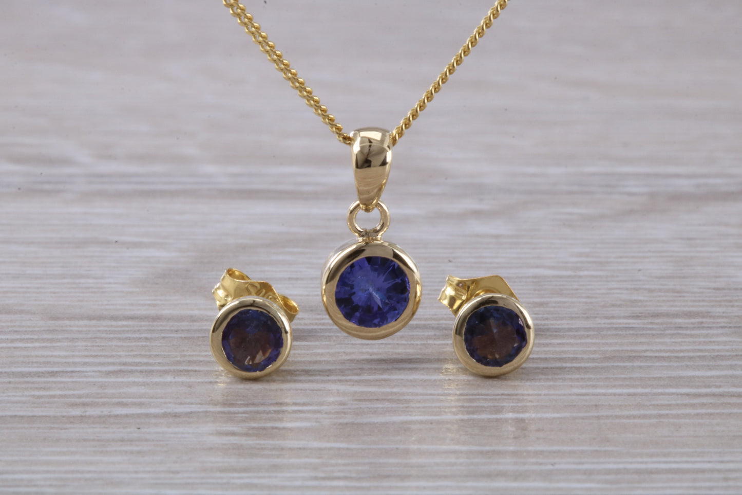 Real Tanzanite Earrings and Necklace Set, Solid 9ct Yellow Gold