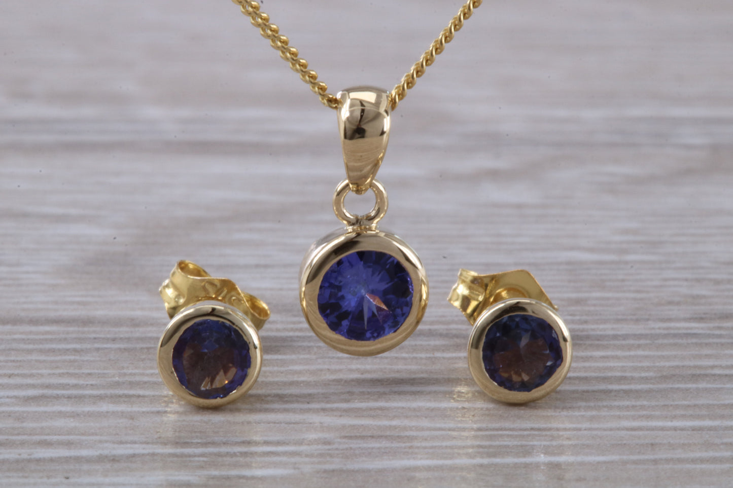 Real Tanzanite Earrings and Necklace Set, Solid 9ct Yellow Gold