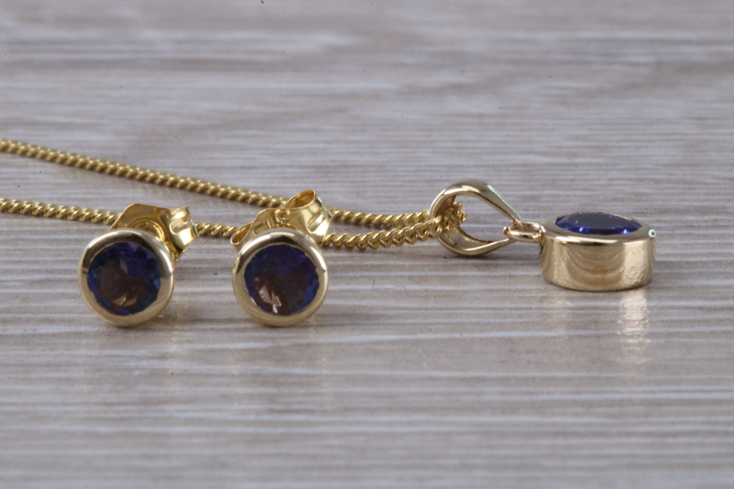 Real Tanzanite Earrings and Necklace Set, Solid 9ct Yellow Gold