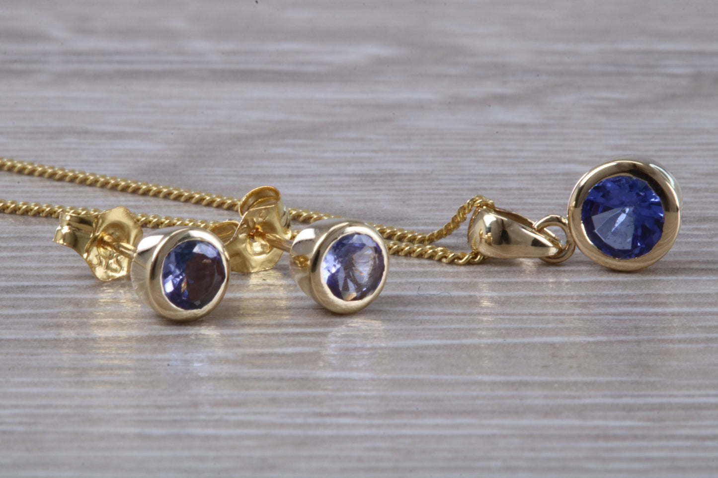 Real Tanzanite Earrings and Necklace Set, Solid 9ct Yellow Gold