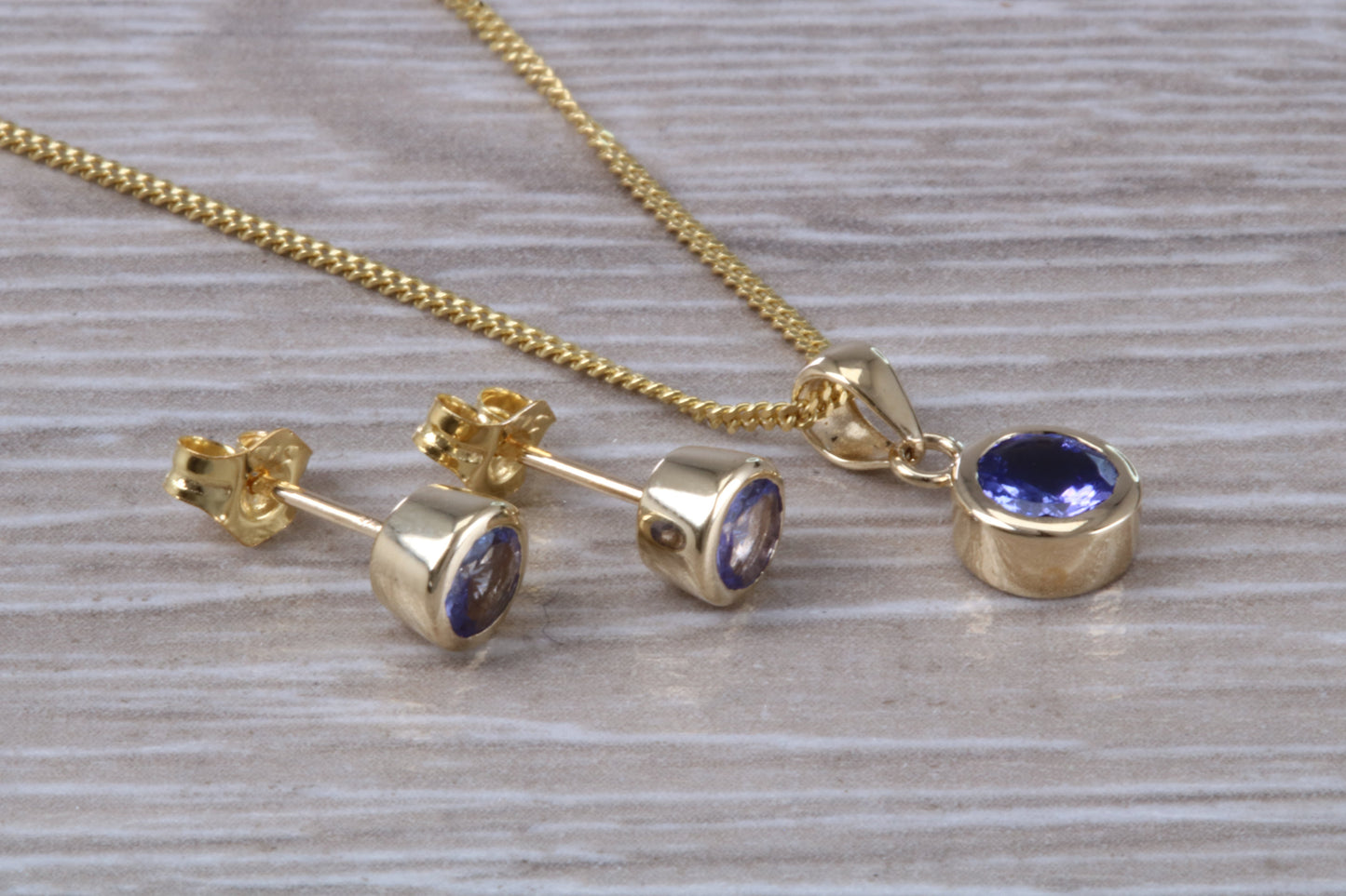 Real Tanzanite Earrings and Necklace Set, Solid 9ct Yellow Gold