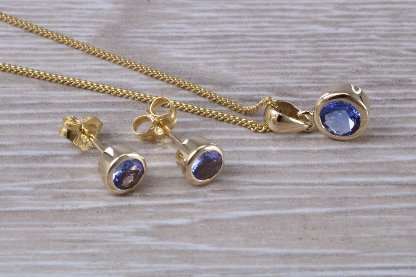 Real Tanzanite Earrings and Necklace Set, Solid 9ct Yellow Gold