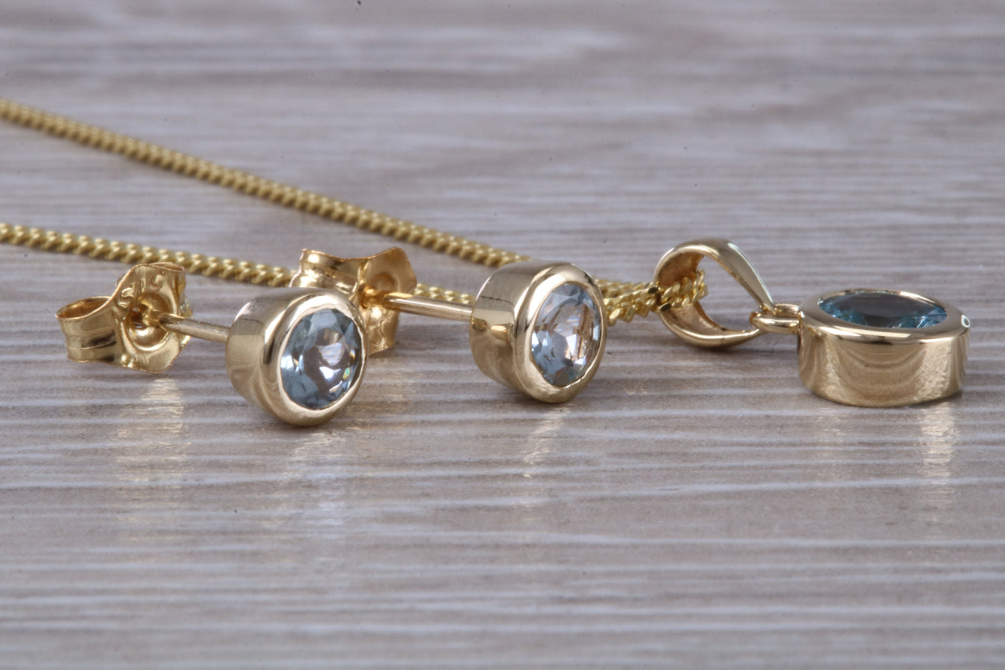 Real Aquamarine Earrings and Necklace Set, Solid 9ct Yellow Gold