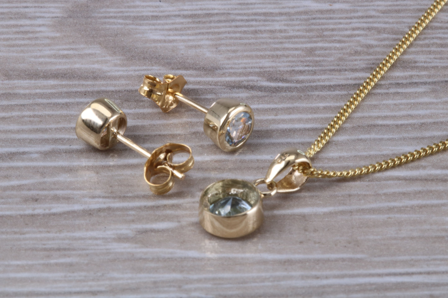 Real Aquamarine Earrings and Necklace Set, Solid 9ct Yellow Gold