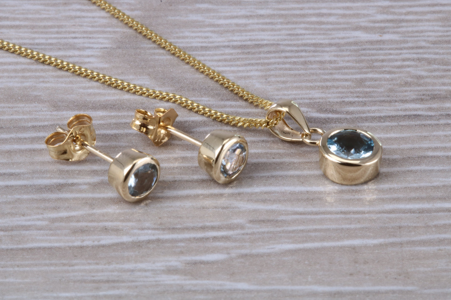 Real Aquamarine Earrings and Necklace Set, Solid 9ct Yellow Gold