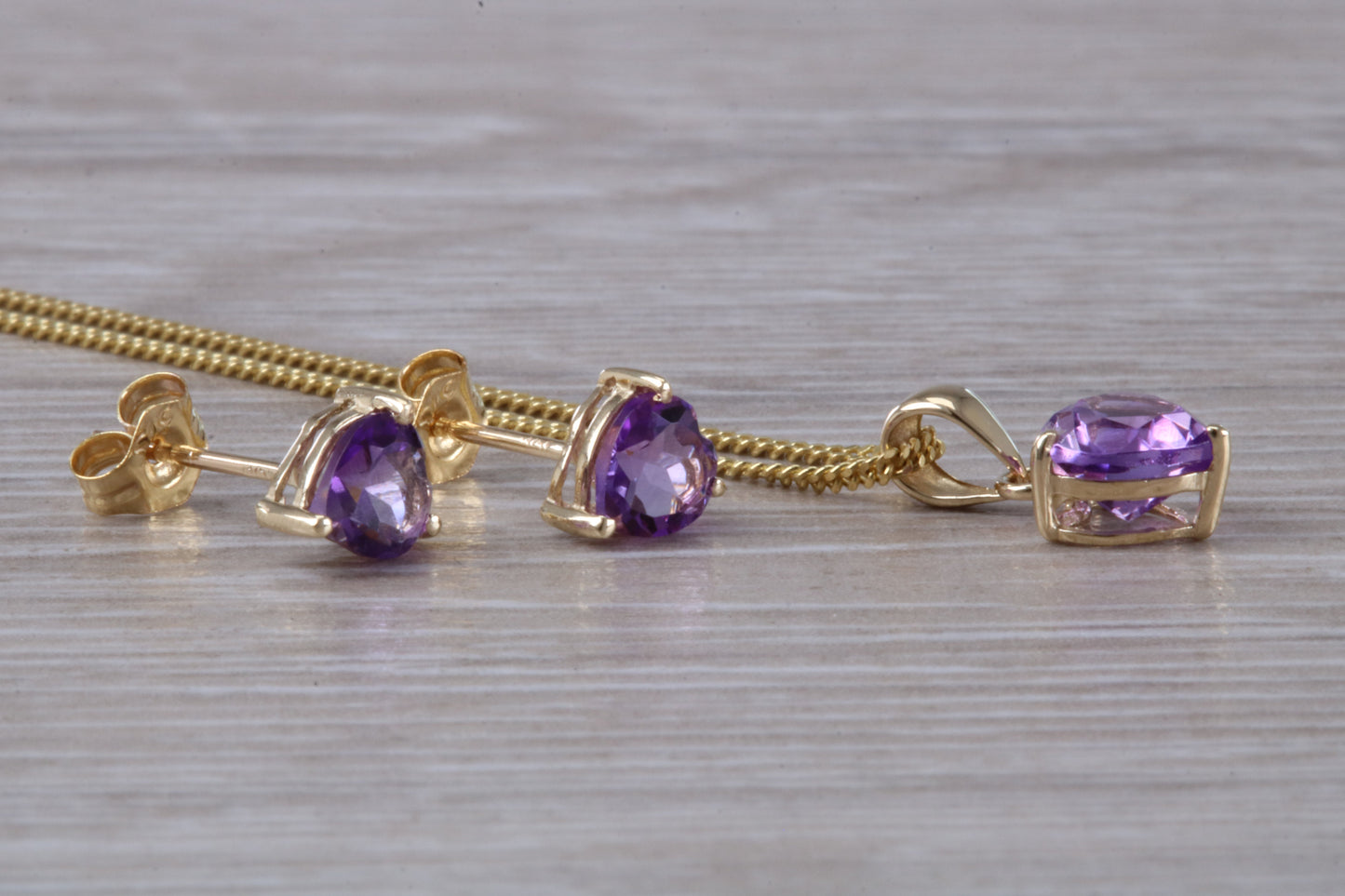 Love Heart Real Amethyst Earrings and Necklace Set, Solid 9ct Yellow Gold