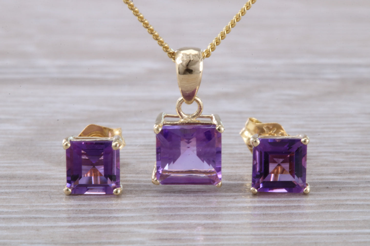 Real Amethyst Earrings and Necklace Set, Solid 9ct Yellow Gold