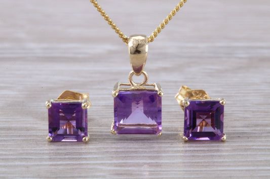 Real Amethyst Earrings and Necklace Set, Solid 9ct Yellow Gold