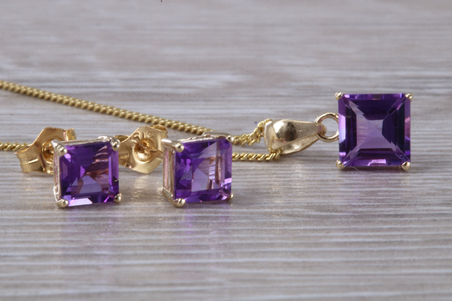 Real Amethyst Earrings and Necklace Set, Solid 9ct Yellow Gold