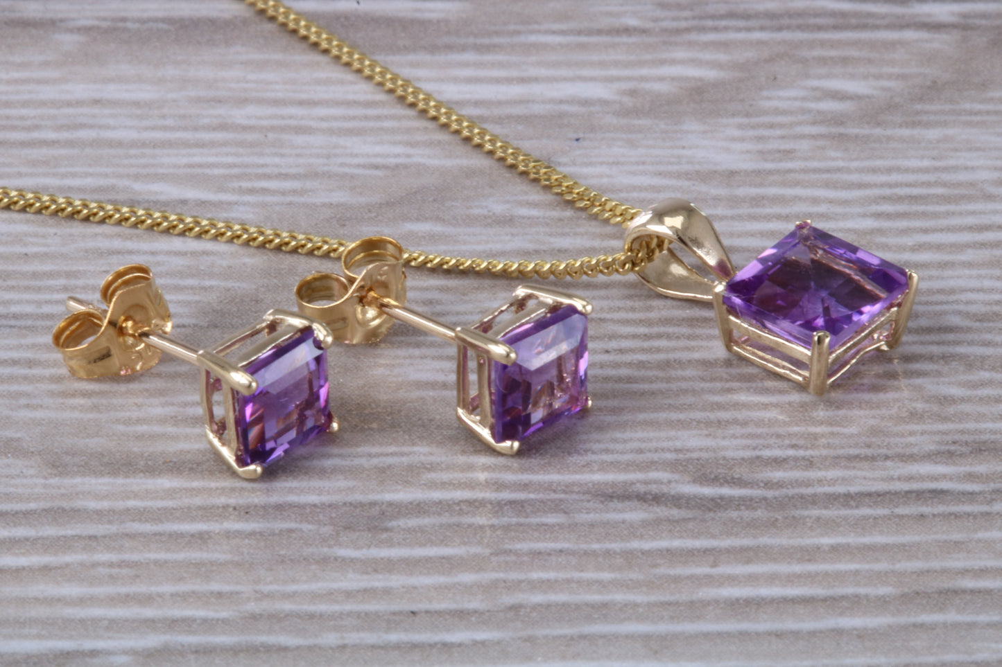 Real Amethyst Earrings and Necklace Set, Solid 9ct Yellow Gold