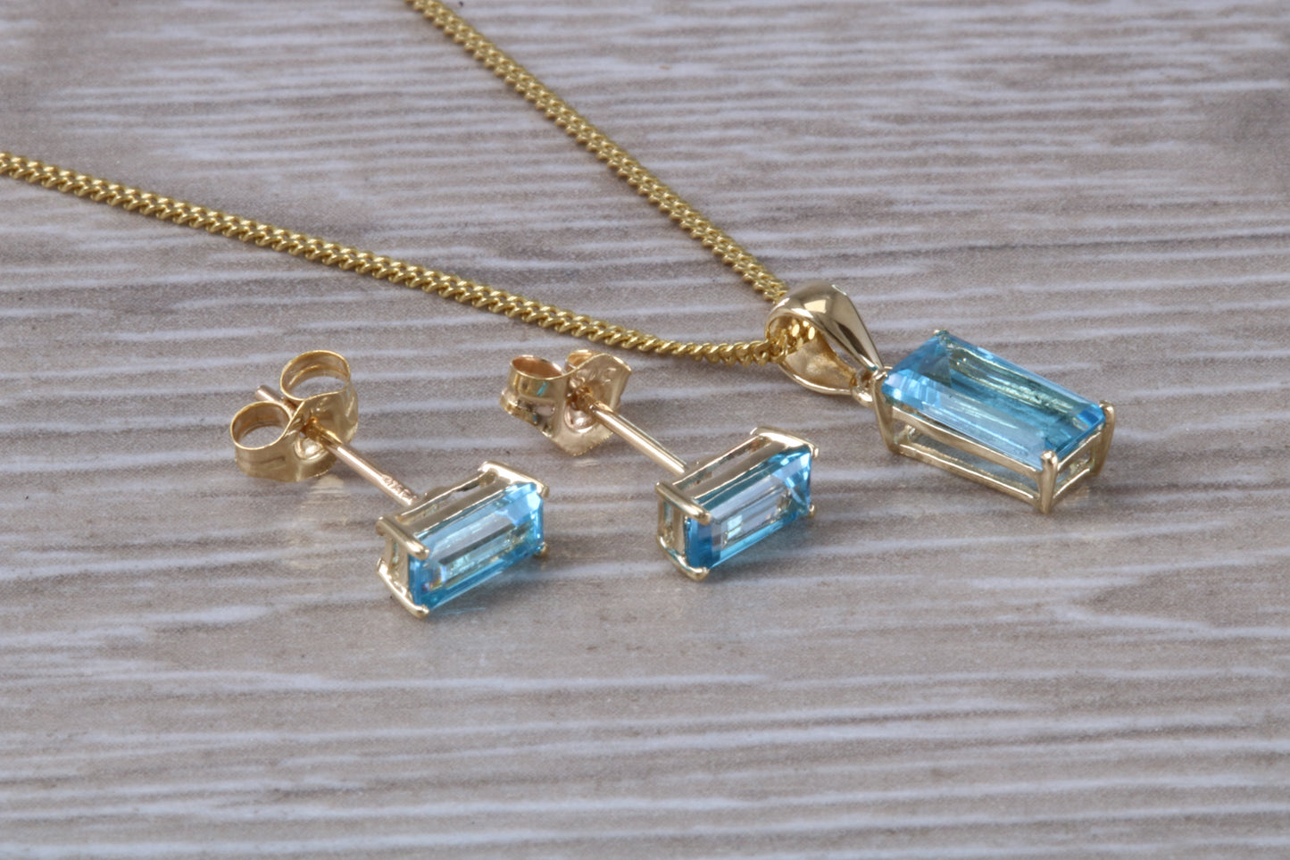 Real Topaz Earrings and Necklace Set, Solid 9ct Yellow Gold