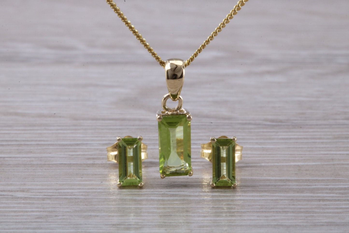 Real Peridot Earrings and Necklace Set, Solid 9ct Yellow Gold