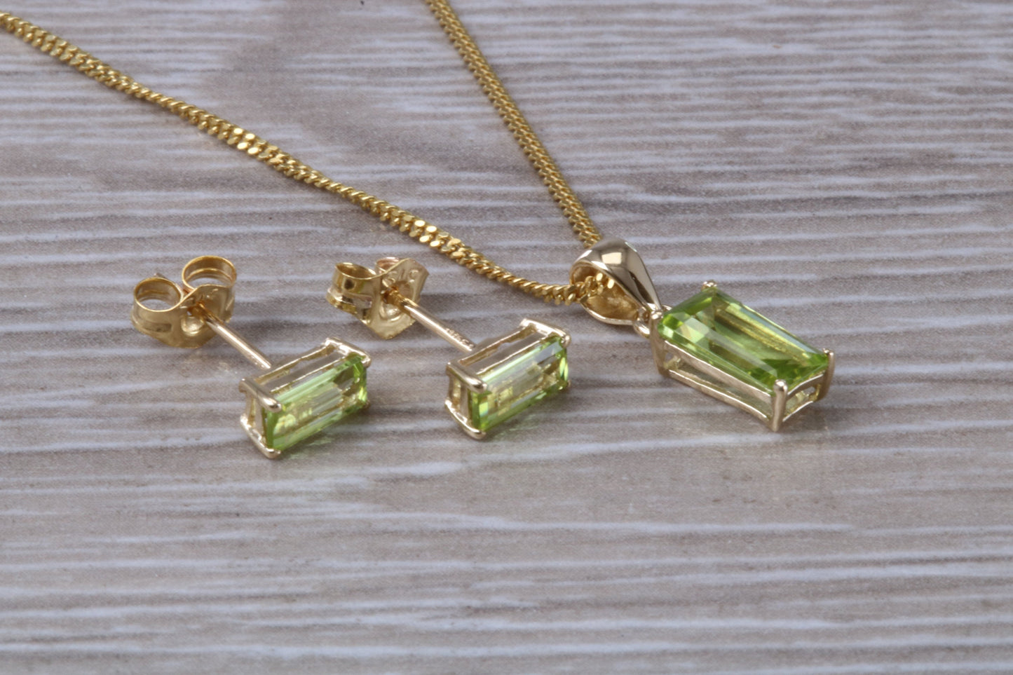 Real Peridot Earrings and Necklace Set, Solid 9ct Yellow Gold