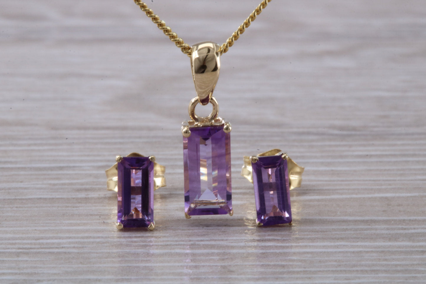 Real Amethyst Earrings and Necklace Set, Solid 9ct Yellow Gold