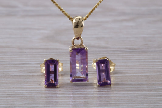 Real Amethyst Earrings and Necklace Set, Solid 9ct Yellow Gold