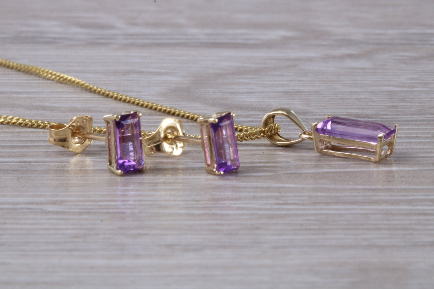 Real Amethyst Earrings and Necklace Set, Solid 9ct Yellow Gold