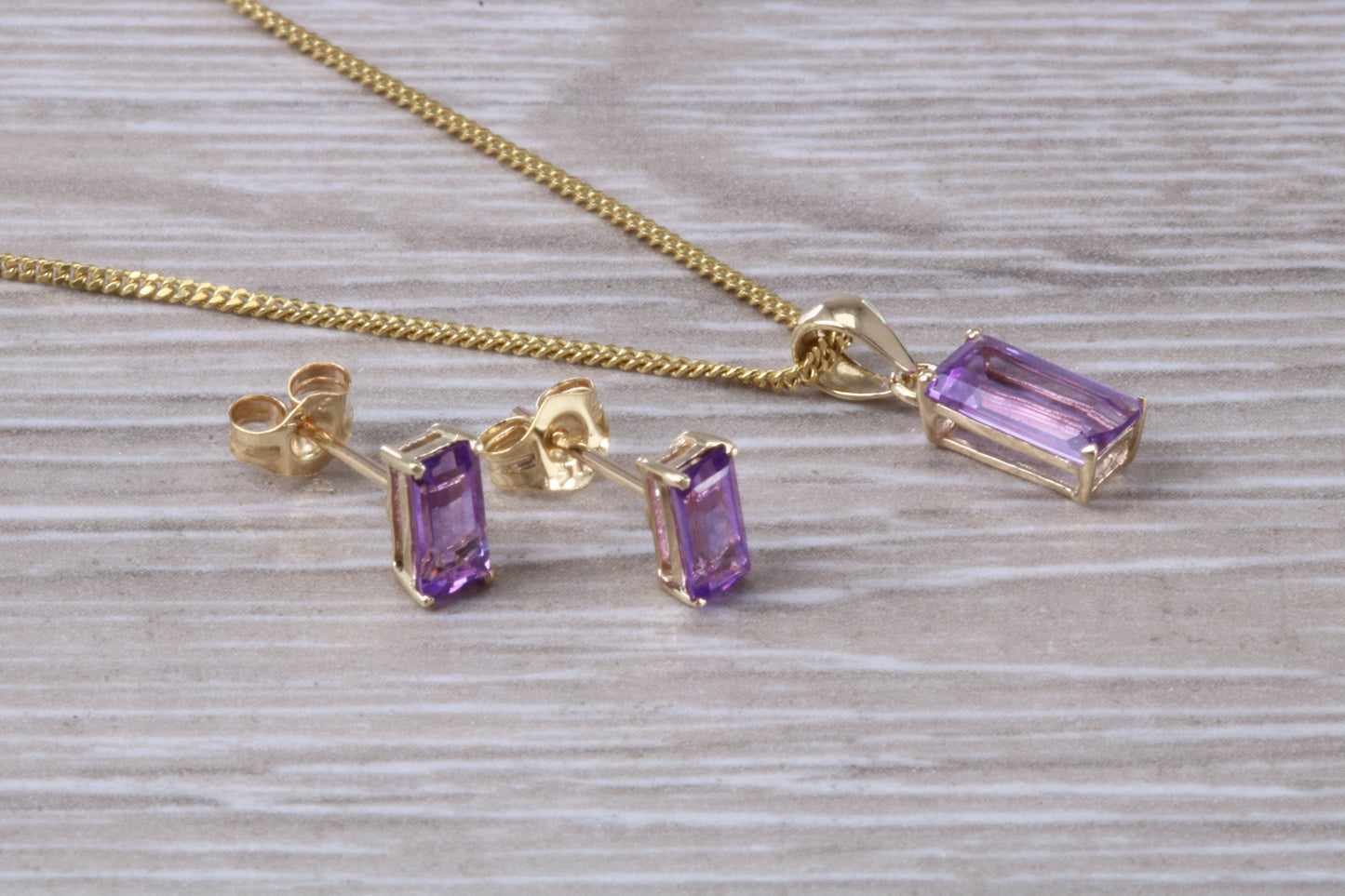 Real Amethyst Earrings and Necklace Set, Solid 9ct Yellow Gold
