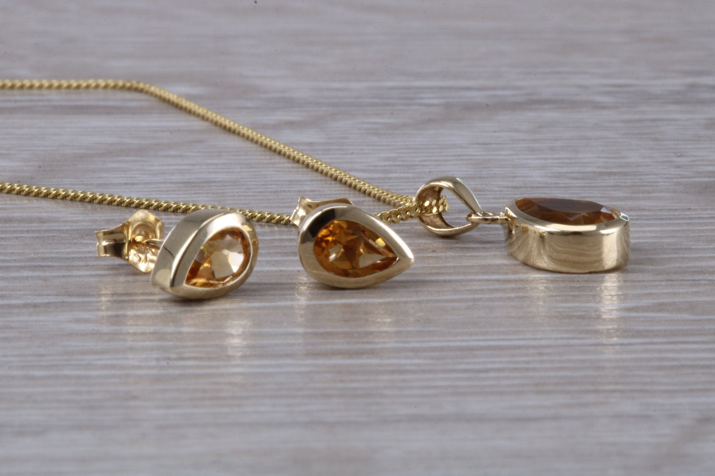 Real Citrine Earrings and Necklace Set, Solid 9ct Yellow Gold