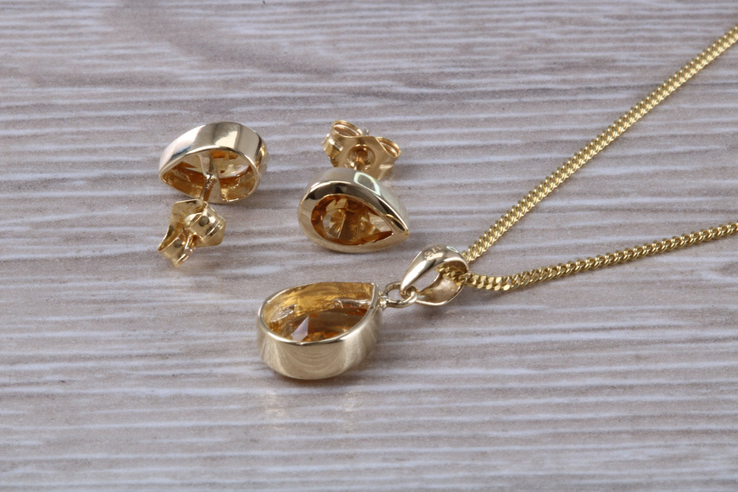 Real Citrine Earrings and Necklace Set, Solid 9ct Yellow Gold