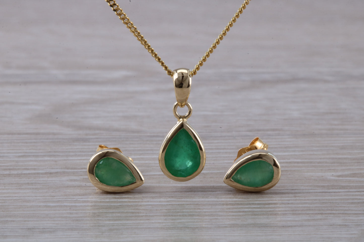 Real Emerald Earrings and Necklace set, Solid 9ct Yellow Gold