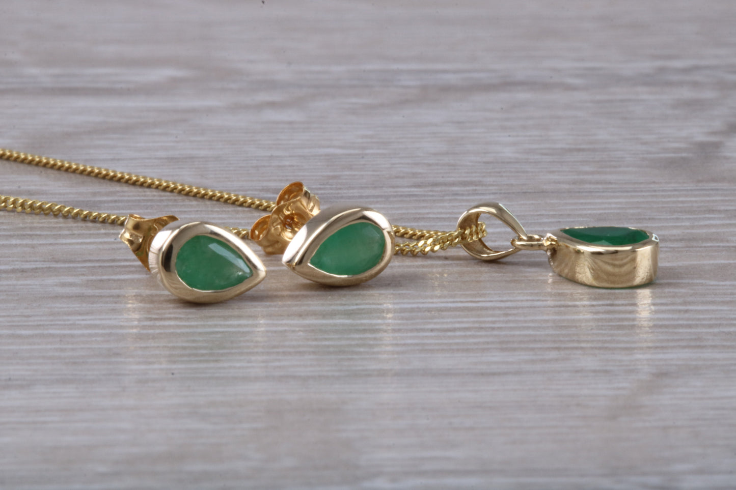Real Emerald Earrings and Necklace set, Solid 9ct Yellow Gold