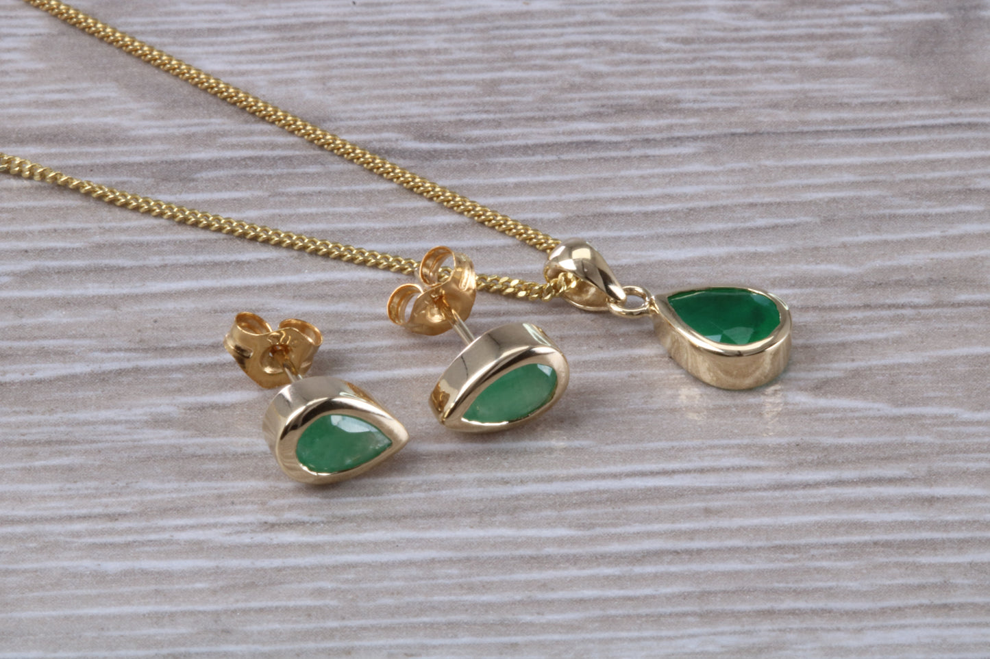 Real Emerald Earrings and Necklace set, Solid 9ct Yellow Gold