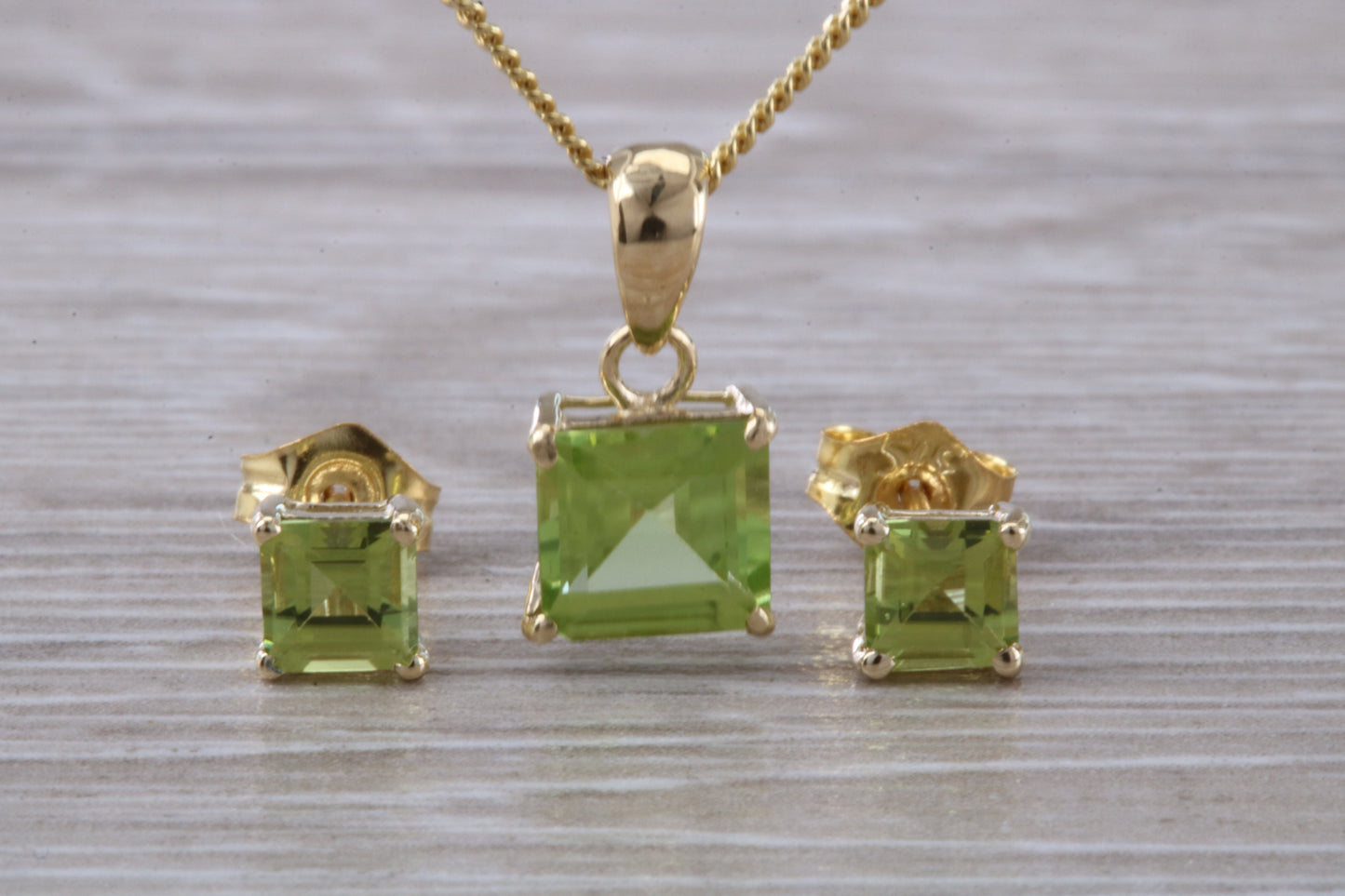 Real Peridot Earrings and Necklace Set, Solid 9ct Yellow Gold