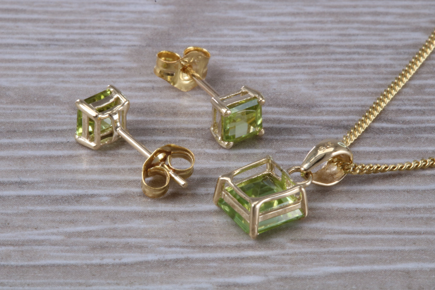 Real Peridot Earrings and Necklace Set, Solid 9ct Yellow Gold