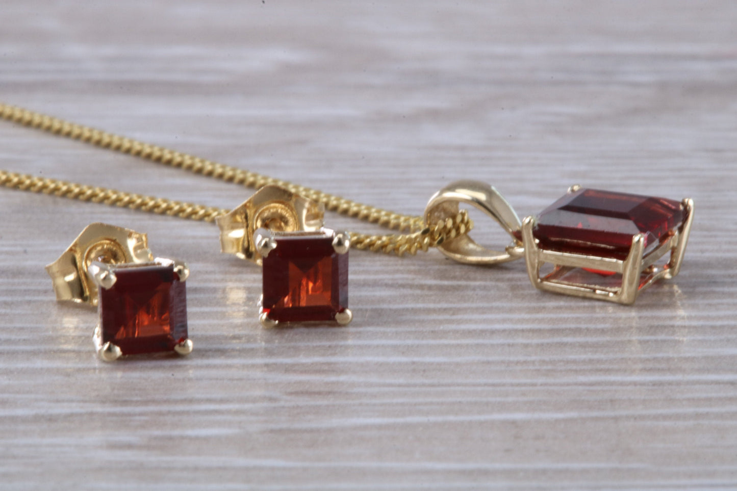 Real Garnet Earrings and Necklace Set, Solid 9ct Yellow Gold