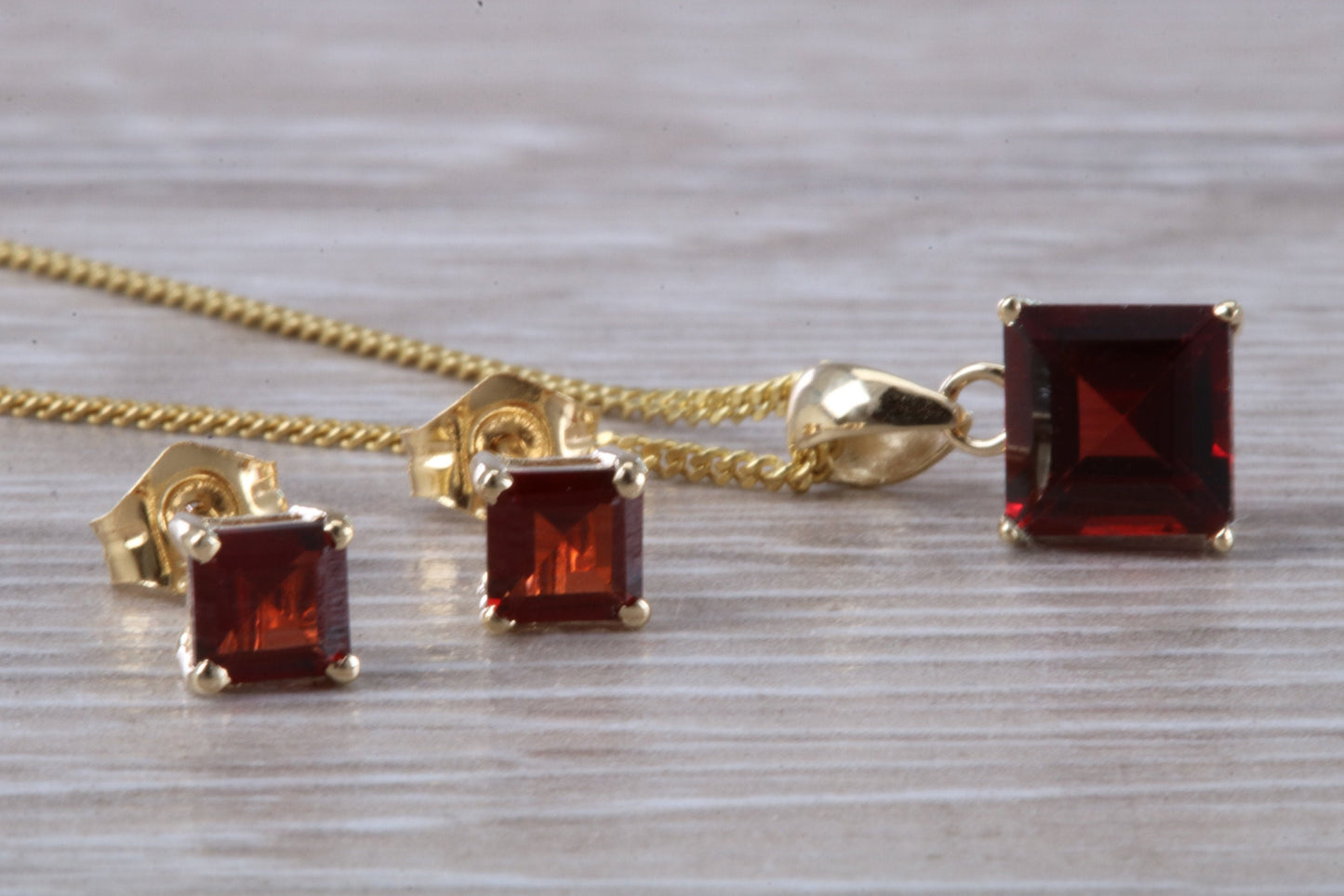 Real Garnet Earrings and Necklace Set, Solid 9ct Yellow Gold