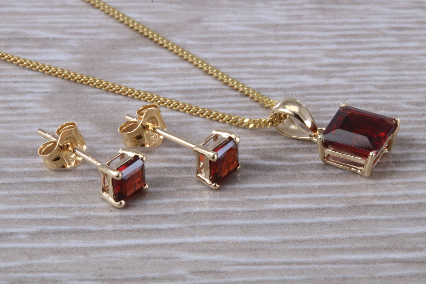 Real Garnet Earrings and Necklace Set, Solid 9ct Yellow Gold