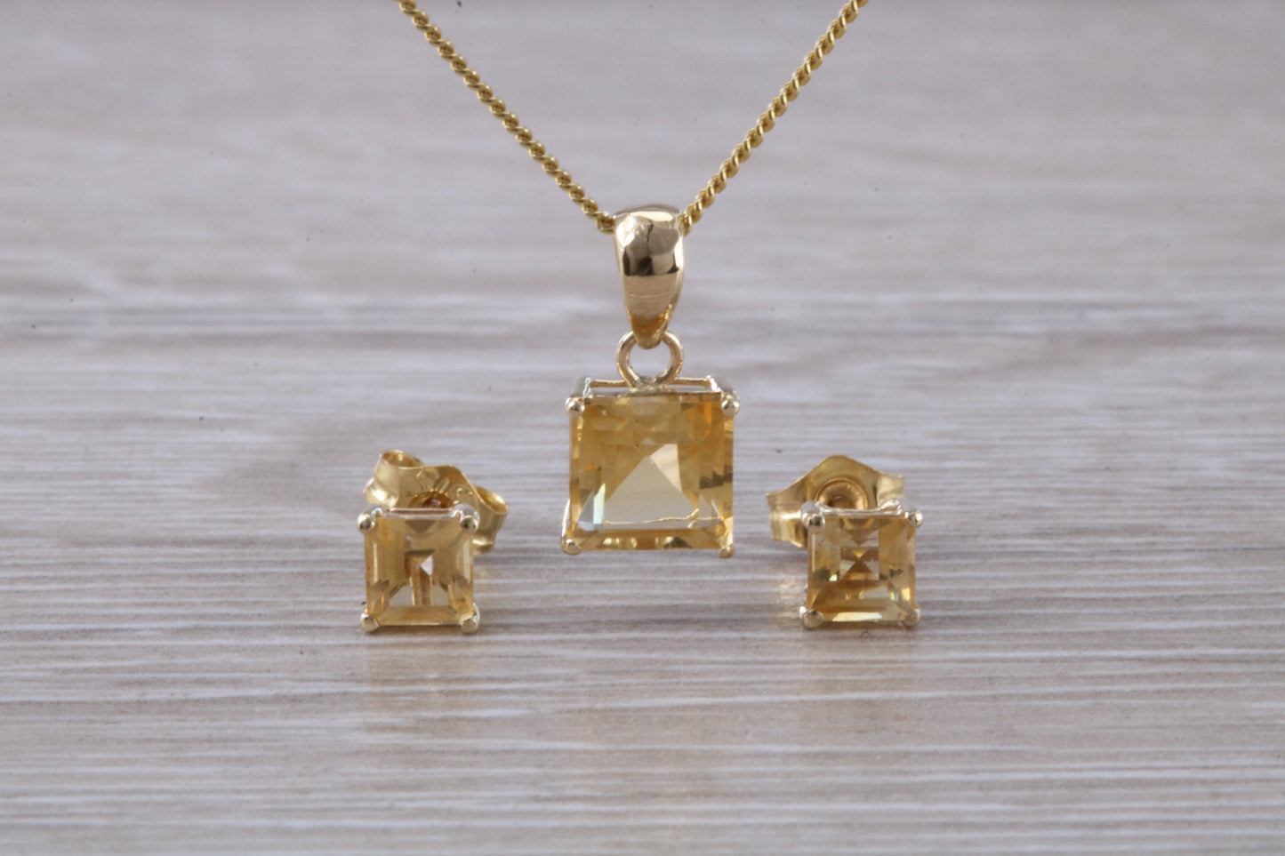 Real Citrine Earrings and Necklace Set, Solid 9ct Yellow Gold