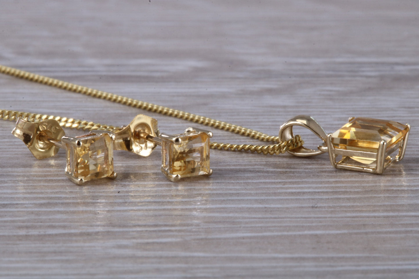 Real Citrine Earrings and Necklace Set, Solid 9ct Yellow Gold