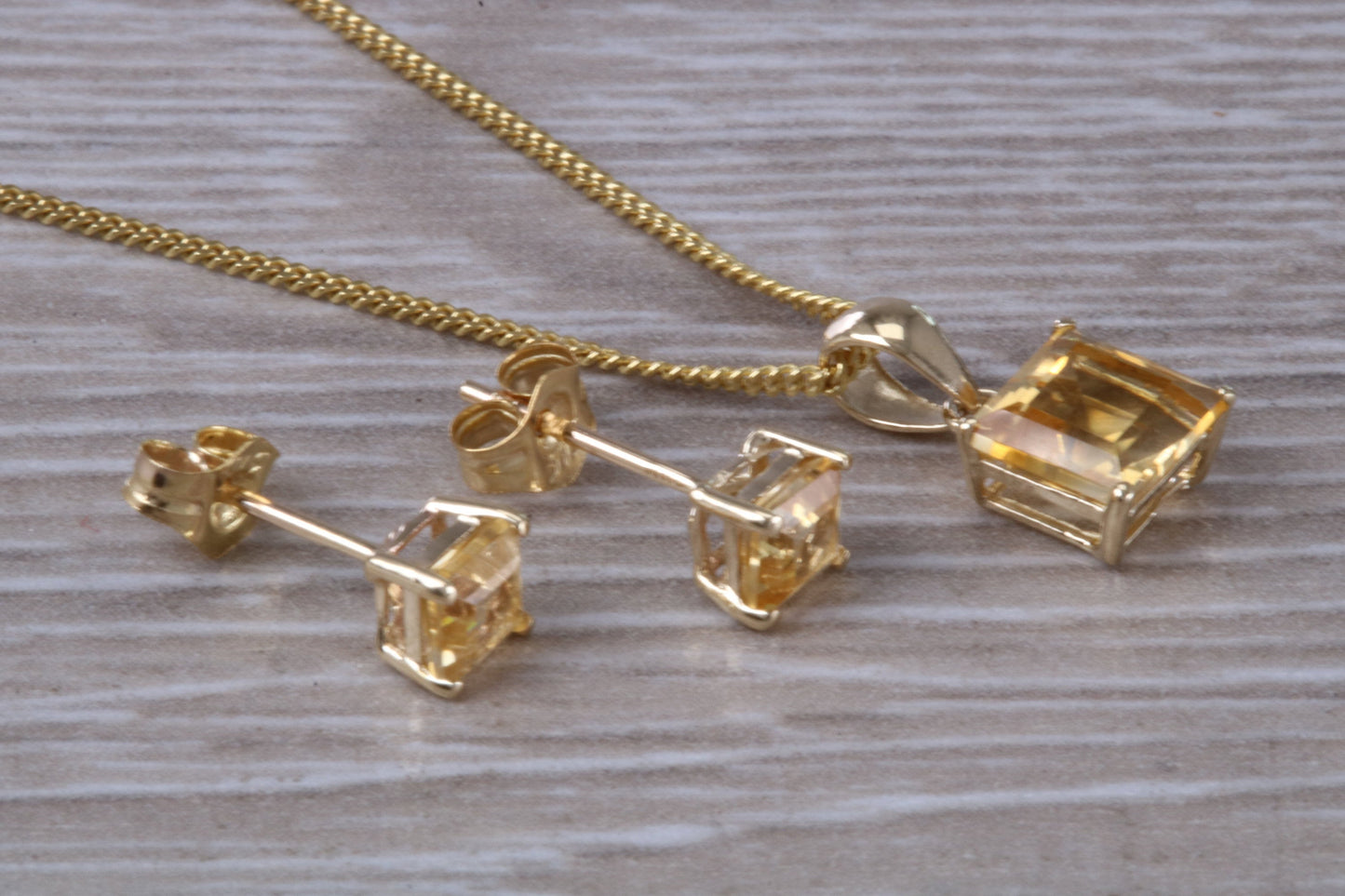 Real Citrine Earrings and Necklace Set, Solid 9ct Yellow Gold