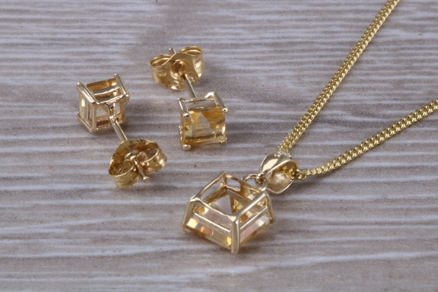 Real Citrine Earrings and Necklace Set, Solid 9ct Yellow Gold