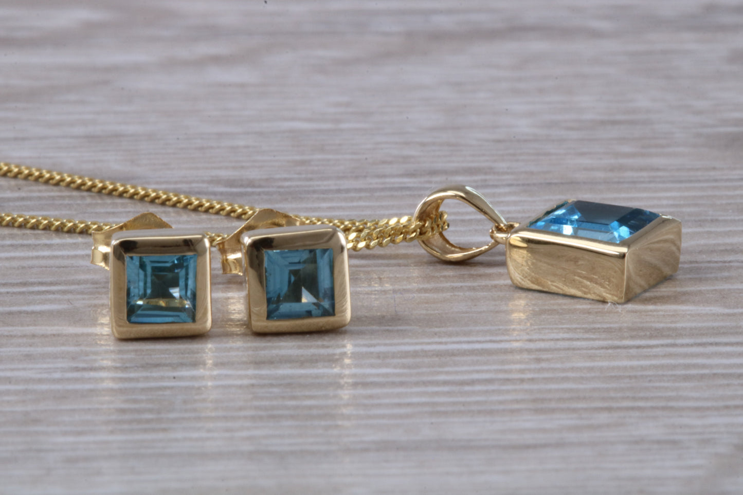 Real Topaz Earrings and Necklace Set, Solid 9ct Yellow Gold